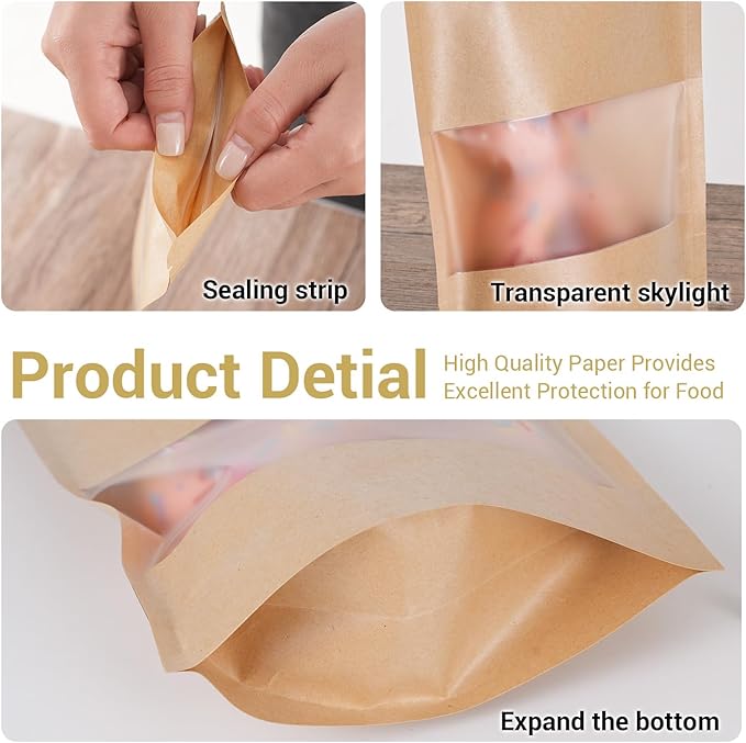 100 Pcs Kraft Paper Bags with Window, 5.9" x 8.6" Stand Up Pouches Bags, Food Storage Bags for Packaging Products, Reusable, Sealable