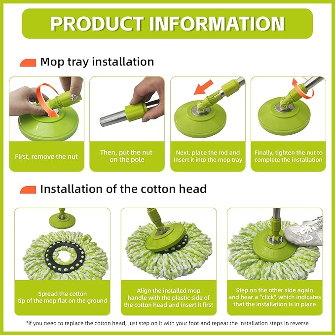 Spin Mop Replacement Handle, 47.6-inch 360 Degrees Rotating Telescopic Replacement Mop Stick with Robust Reinforced Plastic Disc for Spin Mop Bucket Cleaning System (Plastic Disc,Green)