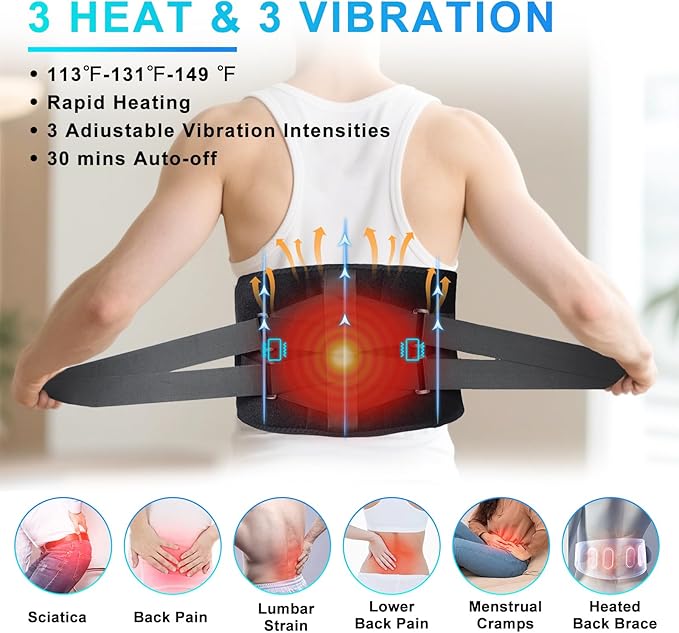 Heating Pad for Back - Lower Back Massager with 3 Heat 3 Vibration, 10000mAh Portable Heating Pad for Back Pain Relief, Gifts for Women Men Seniors Mom Dad, 30 mins Auto-Off, Black