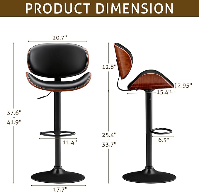 Bar Stools Set of 4 Adjustable Swivel Bentwood Barstools PU Leather Modern Bar Chairs with Back & Footrest for Bar, Kitchen Island, Dining Room (Black, Set of 4)