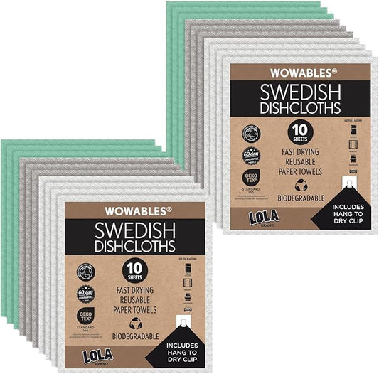 LOLA Swedish Dishcloths 20 Pk Biodegradable Reusable Paper Towels Absorbent Cellulose Kitchen Sponge Cloths Zero Waste Odor Free, Made in Germany