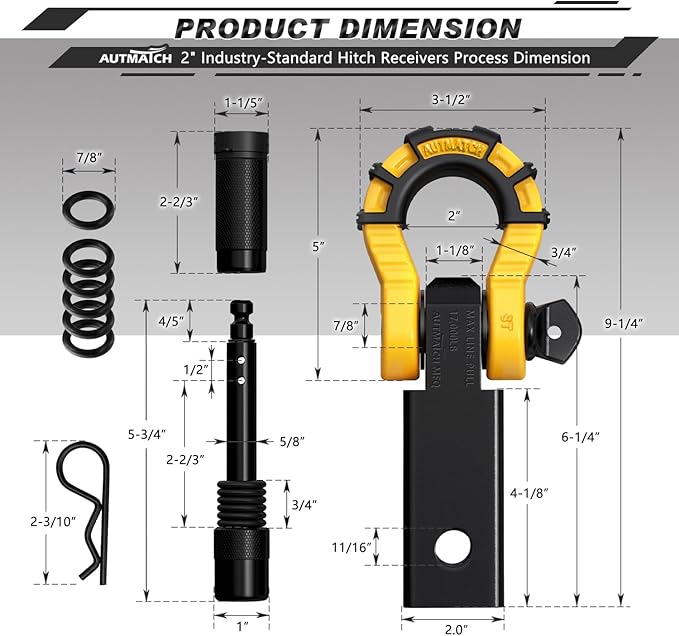 AUTMATCH Shackle Hitch Receiver 2" with 3/4" Mega D Ring Shackle and 5/8" Trailer Hitch Lock Pin, 68,000 Lbs Break Strength Heavy Duty Receiver Towing Kit for Off-Road Vehicle Recovery, Black & Yellow