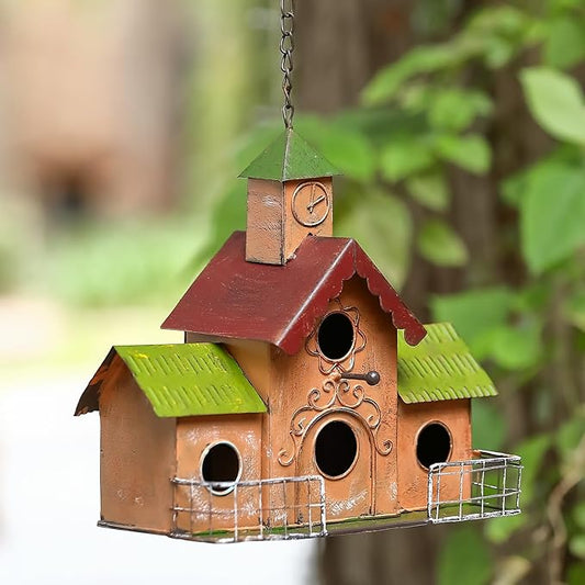 Large Bird Houses for Outside Hanging, 4 Hole Outdoor Bird House with Clock Tower, Easy Clear, Metal Bird Houses for Outside with Perches.