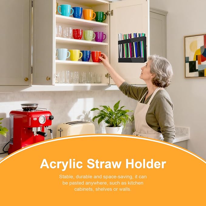 Straw Holder Acrylic for Cabinet Reusable Organizer Dispenser 5-Grid Straw Rack Comes with 8 Double-Sided Tapes and 15 Classification Label Stickers (Black)