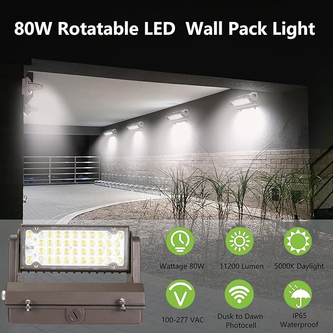 Rotatable LED Wall Pack Light with Dusk to Dawn Photocell, 80W 11200LM 400-600W HPS/HID Equiv., 5000K Daylight ETL Commercial Outdoor Security Lighting for Warehouse, Entrance, Parking, Garage
