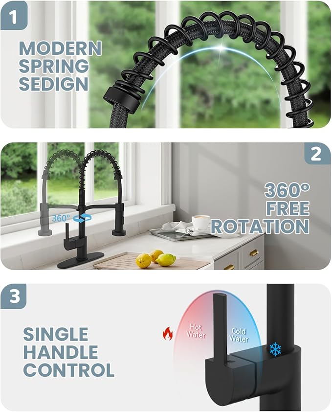 Black Kitchen Faucet Soap Dispenser, Faucet for Kitchen Sink, Kitchen Sink Faucet with Deck Plate, Kitchen Faucet with Pull Down Sprayer and Dual Function Spray Head