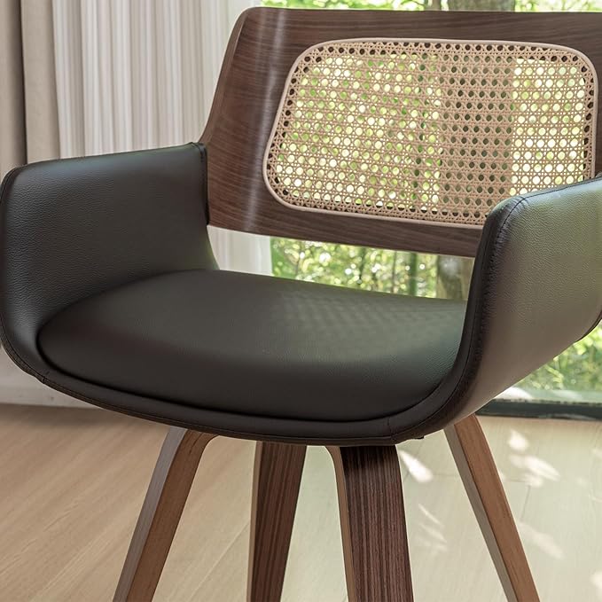 Set of 4 Cane Back Dining Chairs - Swivel Dining Room Chairs with Curved Arms, Ergonomic Cane Back, Walnut Craftsmanship, Versatile for Restaurant/Conference/Kitchen/Living Room (Walnut Brown)