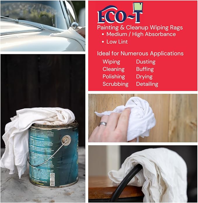 10 lb Box Eco-T Paint Rags - White T-Shirt Material, 100% Recycled, Eco-Friendly, High Absorbency, Low Lint, Low-Cost, Painting and Cleaning Cloth