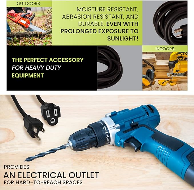 Go Green Power Inc. 16/3 100ft Black Outdoor Extension Cord - Heavy Duty, Moisture Resistant - Perfect for Tools & Equipment - GG-13700BK