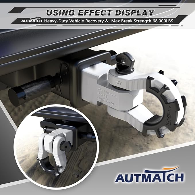 AUTMATCH Shackle Hitch Receiver 2" with 3/4" Mega D Ring Shackle and 5/8" Trailer Hitch Lock Pin, 68,000 Lbs Break Strength Heavy Duty Receiver Towing Kit for Off-Road Vehicle Recovery, White
