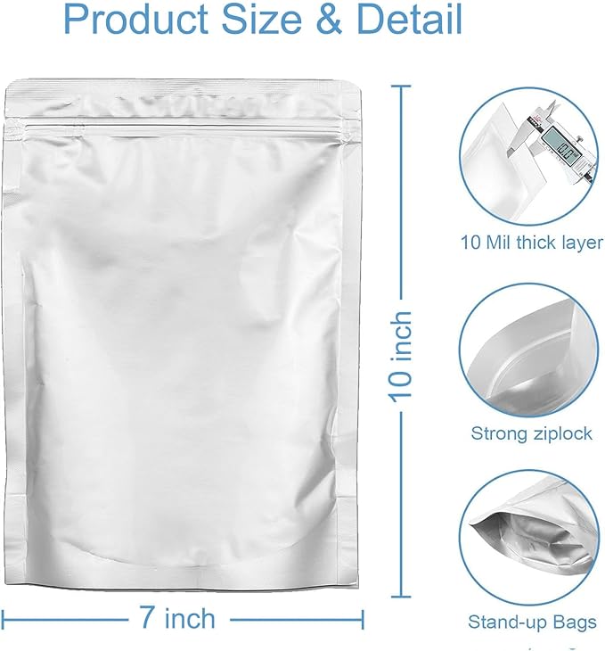 100pcs 1 QUART Mylar Bags for Food Storage - Thick 10 Mil - 7"x10" Stand-Up Zipper Pouches, Resealable and Heat Sealable Vacuum Sealing Mylar Bags for Long Term Food Storage