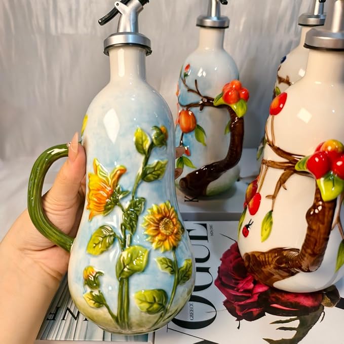 18 oz Hand-Painted Relief Ceramic Olive Oil Bottle Dispenser, with Handle Decorative Olive Oil Dispenser Bottle, for Kitchen Ceramic Oil Vinegar Bottle Seasoning Bottle with Stainless Steel Pour Spout