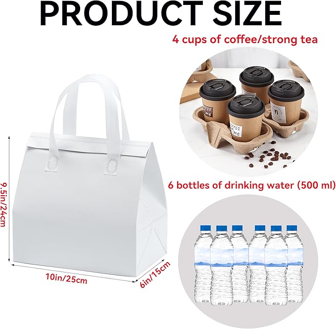 50 Pcs Insulated Take Away Bags, Disposable Lunch Bags For Food Takeaways, Coffee, Milk Tea, Seafood, Pizza, For Restaurants And Grocery Shops 9.5 x 6 x 10 In (white)