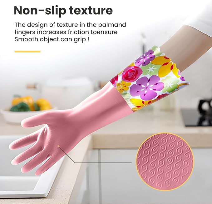 KAQ 3 Pairs Rubber Cleaning Gloves, Reusable Dishwashing Gloves for Kitchen with Cotton Liner, Long Cuff 16", Waterproof Non-Slip Household Gloves for Bleaching Bathroom, Laundry, Gardening (Large)