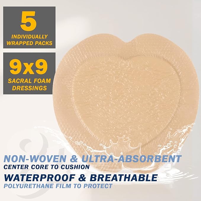 EVERLIT Sacrum Silicone Foam Dressing | Highly-Absorbent Waterproof Sacral Bandage Pad for Bed Sore Pressure Ulcer Wound Care | Sterile Adhesive Dressing for Chronic Wounds (9" x 9" | 5 Pack)