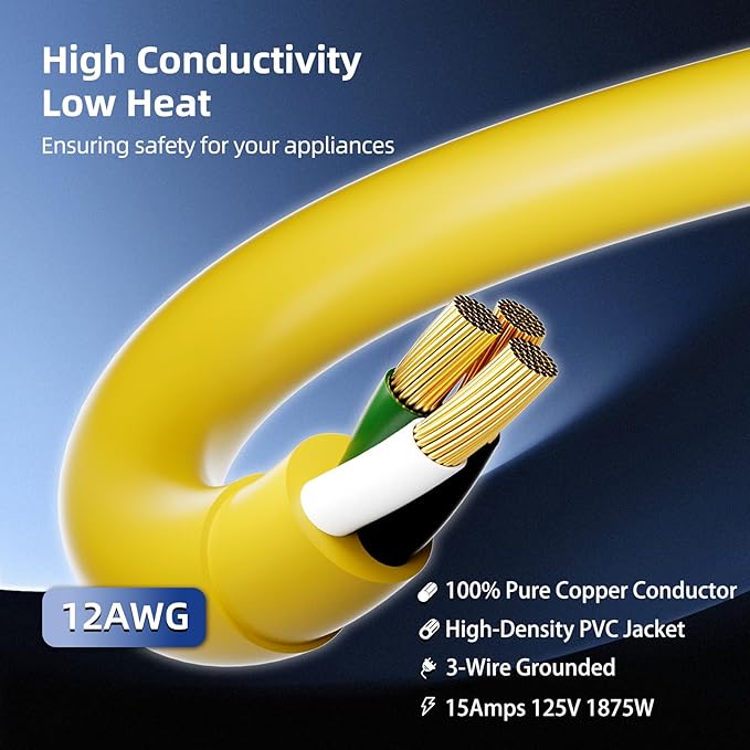 100 FT Outdoor Extension Cord with Multiple Outlets, 12 Gauge Heavy Duty Yellow Extension Cord Waterproof with 3 Outlet, 3 Prong Power Cord for Garden and Home Use Indicator Light, ETL Listed