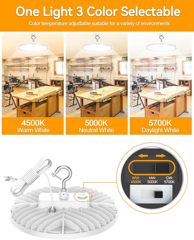 2 Pack High Bay LED Lights UL DLC Listed Adjustable 150W/120W/90W 4500K/5000K/5700K Dimmable UFO LED Shop Light for Gym Factory Warehouse