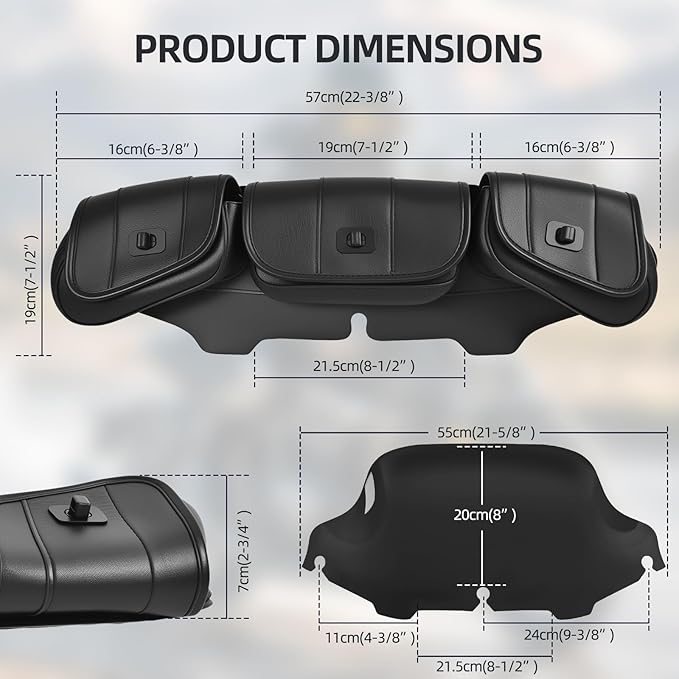 Motorcycle 8" Windshield and Bag Pack, Motorcycle Windscreen with 3 Pouch Bag Fit for 1996-2013 Harley Davidson Touring Street Glide Electra Glide FLH FLHT FLHX FLHTK, Black