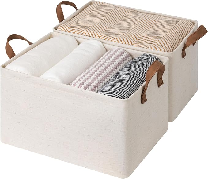 StorageWorks Storage Bins, Shelves Baskets for Organizing, Large Fabric Closet Organizers with Handles, Metal Frame, Beige（Cotton-linen）, 2-Pack