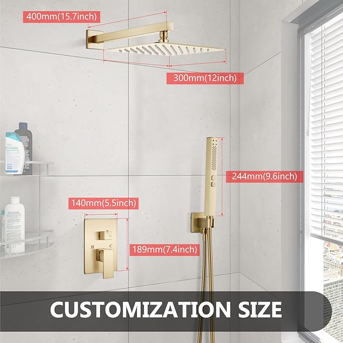 Shower Faucet Set Rainfall Shower System with Square Showerhead and Handle Set Fixture with 2 in 1 Function Handheld Sprayer Wall Mounted Trim Repair Kit Rough-in Valve 12 Inch Brushed Gold
