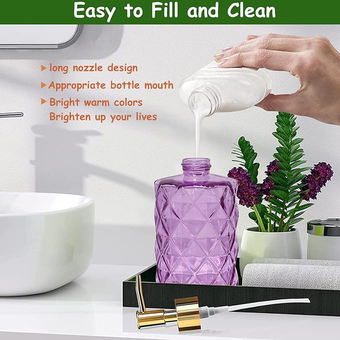 Glass Soap Dispenser with Gold Plastic Pump, 12oz Refillable Liquid Hand Soap Dispenser, Crystal Lotion Bottle for Modern Home Decor, Bathroom, Kitchen Countertop, Hotel(Rosy)