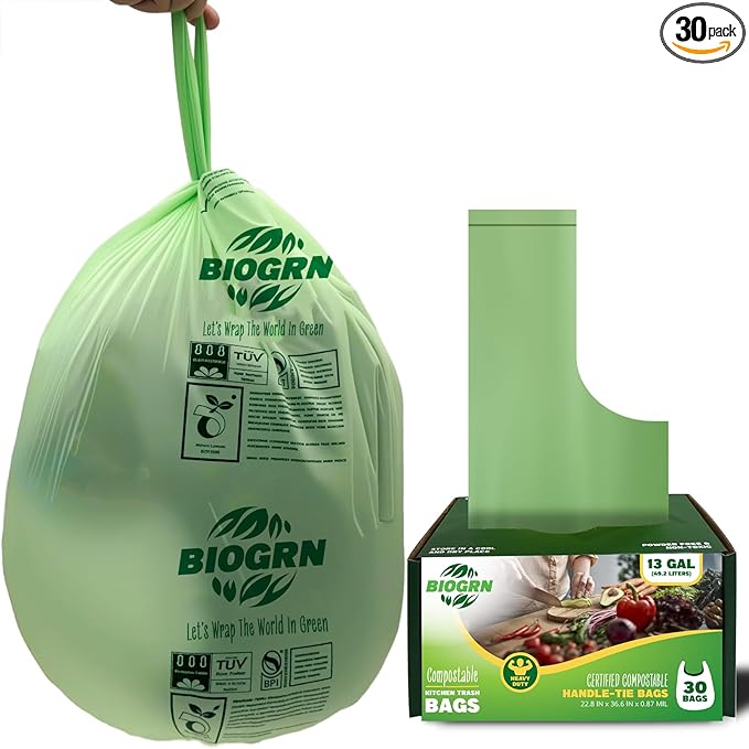 10-13 Gallon Compostable Trash Bags with Handles 30 Bags compost bags Food Scrap Green Waste Bags Thick 0.87 Mil 49.21 Liter ASTM D6400, US BPI and OK Compost Home Certified