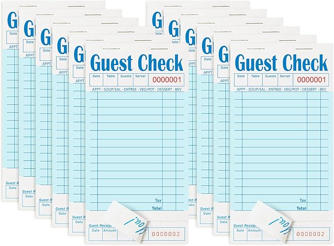 12 Pack Blue Guest Checks Books for Servers Server Note Pads, Waiter Checkbook, Waitress Notepad for Restaurants, Paper Checks 50 Sheets/Pack, 300 Total Tickets