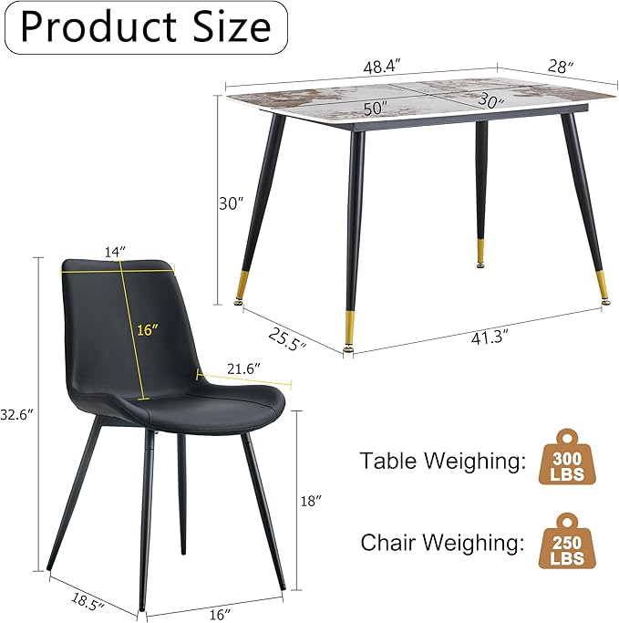 Marble Modern Dining Table Set for 4, 50" Sintered Stone Kitchen Table and 4 Upholstered PU Leather Chair Dining Room Table Set for 4(1Marble Table and Black Chairs Set of 4)