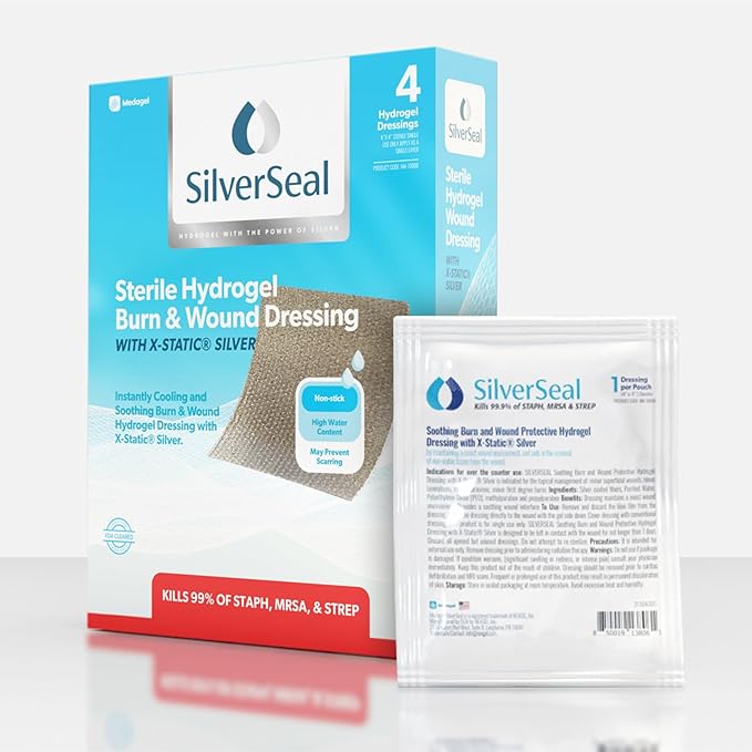 SilverSeal Burn and Wound Dressing | Hydrogel Pads with X-Static Silver | Soothing, Moist & Protective | Burns, Cuts & Wounds | 4 Sterile Dressings