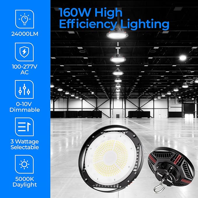 CINOTON UFO LED High Bay Light, 160W/120W/80W Switchable, AC100-277V LED Shop Lights with US Plug, 24000LM Dimmable 0-10V Commercial Bay Lighting for Garage Workshop 5000K Daylight-UL Listed, 8 Pack