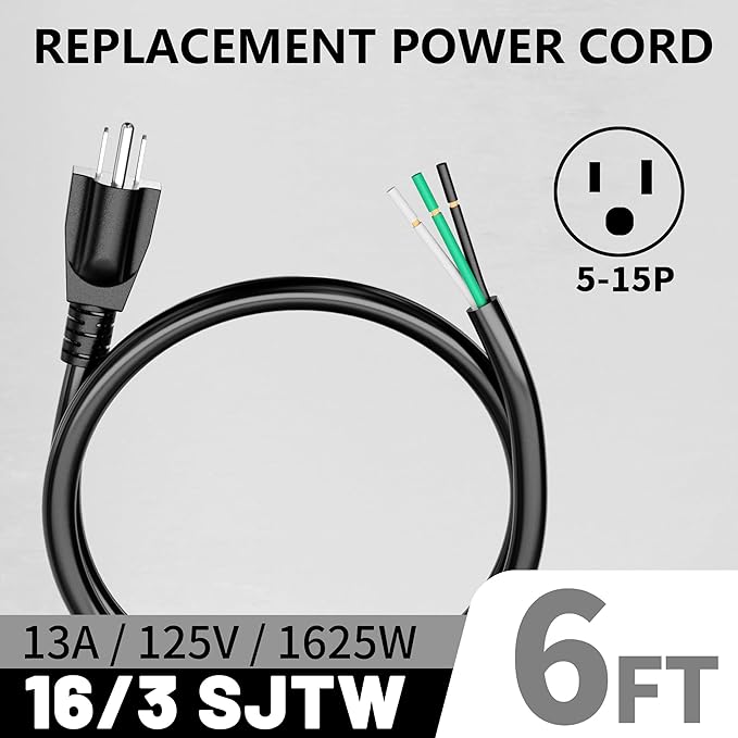 6 ft 16/3 Appliance and Power Tool Cord, 16 AWG 3 Prong Black Heavy Duty Replacement Power Cord with Open End, NEMA 5-15P, 125V AC Pigtail, 13A 1625W, ETL Listed