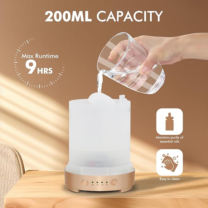 Glass Essential Oil Diffuser 200ml-Ultrasonic Aroma Diffuser with Glass Dome, Aromatherapy Diffuser with 4 Timers 7 Color LED Lights Waterless Auto Off for Home Office Yoga Gift