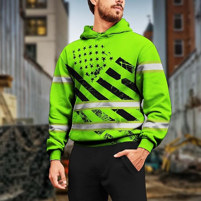 Color US Flag High Visibility Hoodie for Men Women Reflective Tapes Safety Workwear for Worker Runner Patriotic