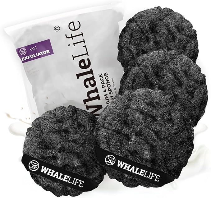Loofah Sponge Bath Sponge for Women Men 4 Pack (Black Rough Surface)