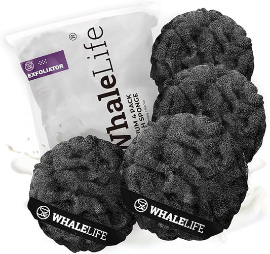 Loofah Sponge Bath Sponge for Women Men 4 Pack (Black Rough Surface)