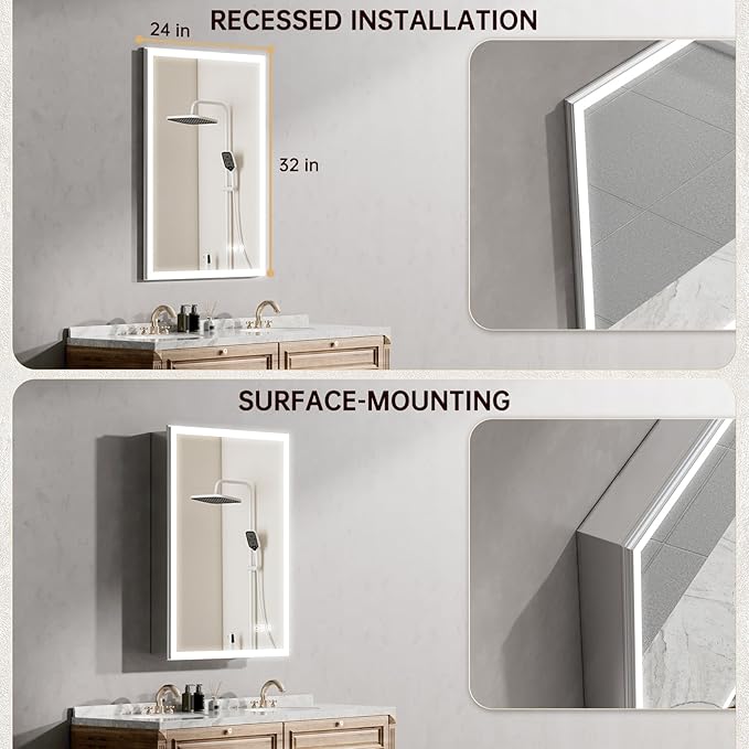 24"x32" Medicine Cabinet Mirror, LED Lighted Medicine Cabinet with Electrical Outlet＆USB, Anti-Fog, 3 Colors Temperature Stepless Dimmable, Aluminum Cabinet for Storage and Mordern Decor