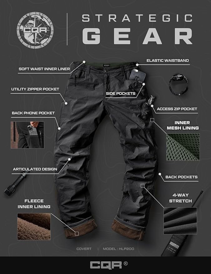 CQR Men's Winter Fleece Lined Pants, Water-Resistant Outdoor Stretch Work Pants, Windproof Casual Pants with Pockets