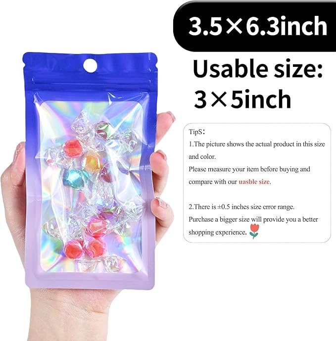 100 Pack Resealable Plastic Bags for Food Storage, Zipper Bags with Clear Front Window, Packaging Pouch for Small Business (Purple & Blue, 3.5x6.3 inch)