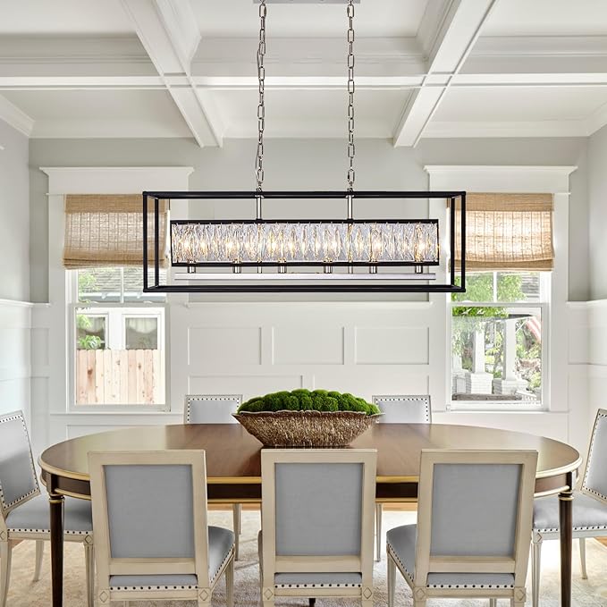 35 Inch Crystal Chandelier for Dining Room Modern Rectangular Chandeliers Over Table 6 Lights Rectangle Ceiling Pendant Lighting for Kitchen Island