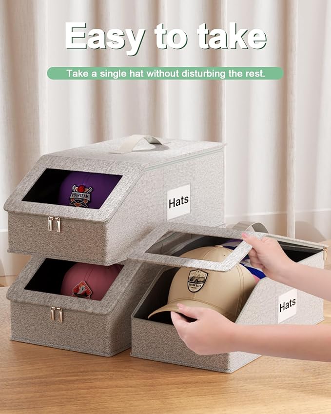 Stackable Hat Organzier for Baseball Caps, 2 PCS Hat Storage Holder Holds up to 24 Caps for Closet, Dust-Proof Hat Boxes Container with Clear Window for Home