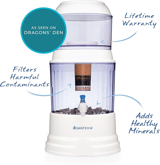 Santevia Gravity Water System Filter | at Home Water Filter That Makes Water Alkaline and Adds Minerals | Chlorine and Fluoride Filter (Countertop Model)