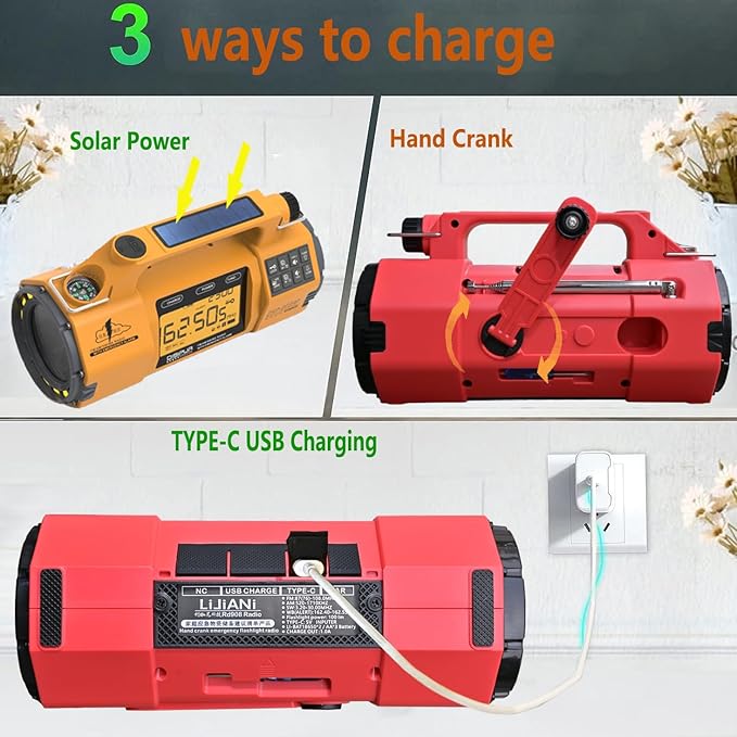 Hand Crank Emergency FM/AM/SW Weather Radio NOAA Alert, USB-C Solar Power, Bright Flashlight with Cell Phone Charger, Timer Clock for Home & Outdoor Hurricane Storm Survival kit