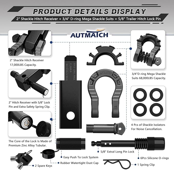 AUTMATCH Shackle Hitch Receiver 2" with 3/4" Mega D Ring Shackle and 5/8" Trailer Hitch Lock Pin, 68,000 Lbs Break Strength Heavy Duty Receiver Tow Kit for Off-Road Vehicle Recovery, Black & Gunmetal