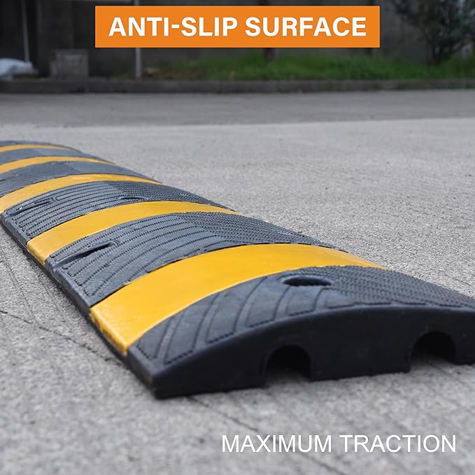 Orangestar 2-Pack 6Ft Rubber Speed Bump, 2 Channel Heavy Duty Speed Hump Cable Protector Ramp w/8 Bolts for Asphalt Concrete Driveway Gravel 72x11.8x1.8 inch(L x W x H)