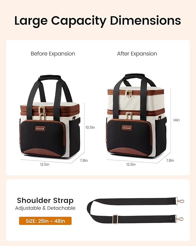 LOVEVOOK Insulated Lunch Bag For Women Men,Expandable Double Deck Lunch Box With Large Cup Holder,Leakproof Cooler Bag For Adult Lunch Tote Bag Work Picnic Beach with Adjustable Shoulder Strap Gift