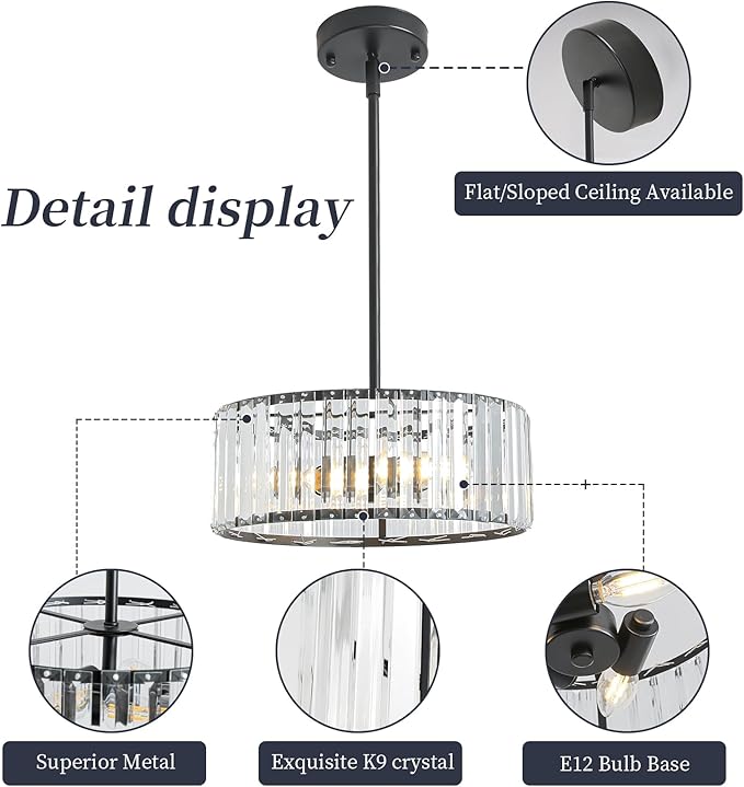 Black Crystal Chandelier for Dining Room,Modern Semi Flush Mount Ceiling Light Fixtures,3-Ligh Round Kitchen Hanging Drum Pendant Light Fixture for Hallway Entryway Foyer Laundry Room, 12''