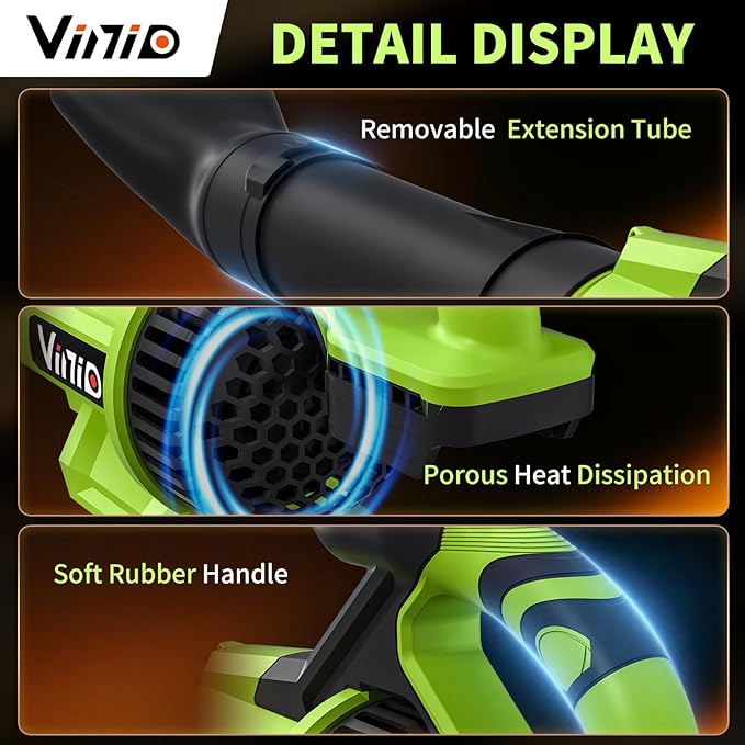Vinid Leaf Blower Cordless, 21V Powerful Brushless Electric Leaf Cleaner, 630 CFM, with 2×4.0Ah Lightweight Batteries and Charger, 3 Speed Modes, Suitable for Lawn Care, Garden and Patio Cleaning