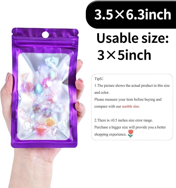 100 Pack Resealable Plastic Bags for Food Storage, Zipper Bags with Clear Front Window, Packaging Pouch for Small Business (Purple, 3.5x6.3 inch)