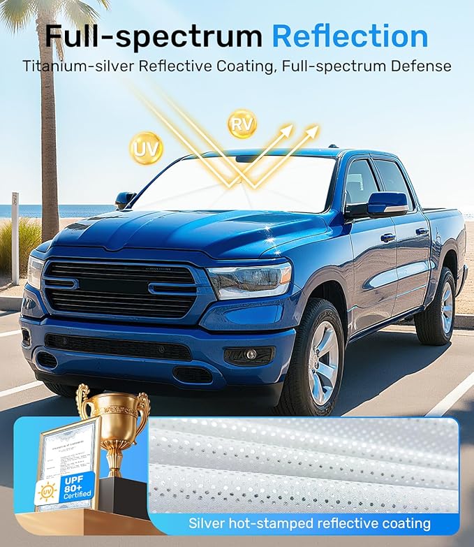 Zanch Upgrade Windshield Sun Shade, Custom Fit for Dodge RAM 1500 2500 3500 [Titanium-Silver Reflective Coating] Blocks 99% UV & Heat, Sunshade Umbrella for RAM 1500 2500 3500, 2015...2023 2024 2025