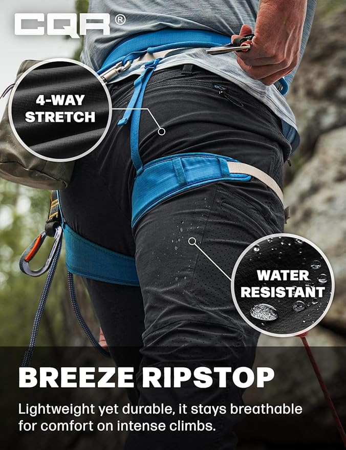CQR Men's Lightweight Vent Hiking Pants, Water-Resistant & Breathable Sports Outdoor Athletic Pants with Elastic Waist